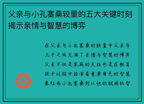 父亲与小孔塞桑较量的五大关键时刻揭示亲情与智慧的博弈